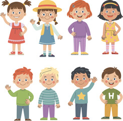 Cute group of diverse happy children standing together waving hands smiling in colorful clothes isolated vector illustration for education and friendship concepts.