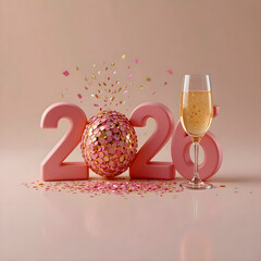 Elegant 3D render of 2026 New Year celebration with pink numbers, confetti sphere, and champagne glass on pastel background. Festive holiday concept symbolizing joy, party, and new beginnings.