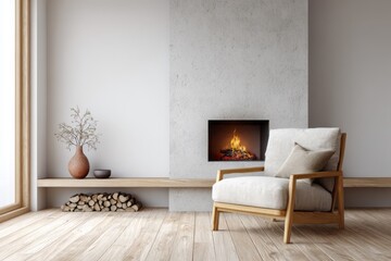 Fototapeta premium Modern living room with armchair and burning fireplace in concrete.