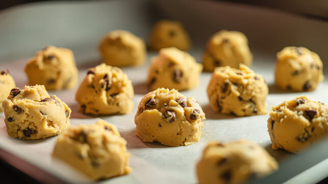 frozen cookie dough portions ready to bake on baking sheet