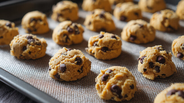 frozen cookie dough portions ready to bake on baking sheet
