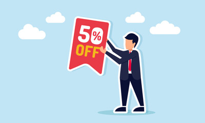 Businessman holding a label icon with fifty percent off text illustration of marketing strategy using discount promotion