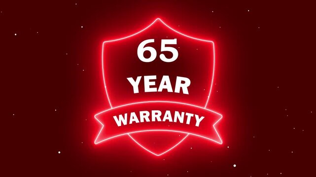 65 year quality assurance neon icon. futuristic digital warranty label animation. glowing sixty five year guarantee sign. red neon 65 year warranty shield badge.