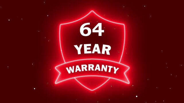 animated neon emblem showing 64 years. digital marketing badge for extended warranty. long term product security symbol. red light protection shield with warranty text.