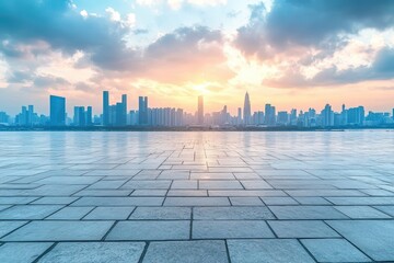 Captivating Skyline View: Modern Cityscape Panorama at Sunset with Elegant Stone Ground Perspective for Future Development