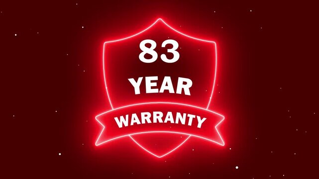 red neon 83 year warranty shield badge. digital marketing badge for extended warranty. animated neon emblem showing 83 years. red glowing certificate of extended warranty.