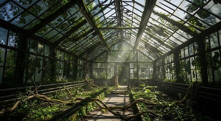 Dramatic Sunbeams Illuminate Overgrown Abandoned Greenhouse, Natures Serene Reclamation.