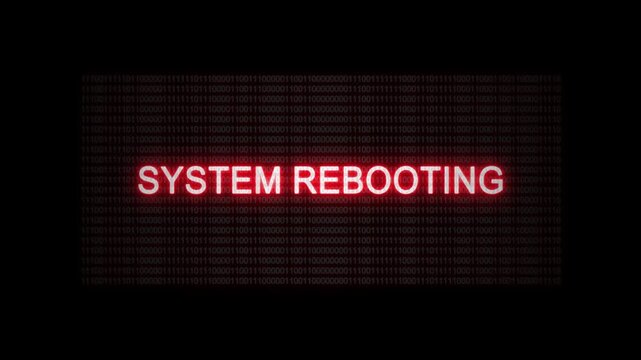 System rebooting warning on digital screen with binary code background. Cybersecurity alert concept.