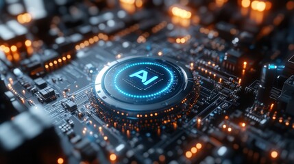 AI Core of Innovation: A close-up view of a high-tech central processing unit (CPU) showcasing the power of artificial intelligence, with glowing circuits and intricate details.