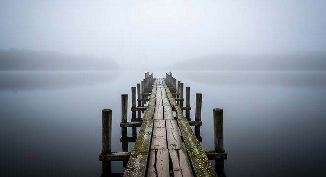 Misty Lake Pier - Weathered Wooden Jetty into Calm Fog, Serene Long Exposure.