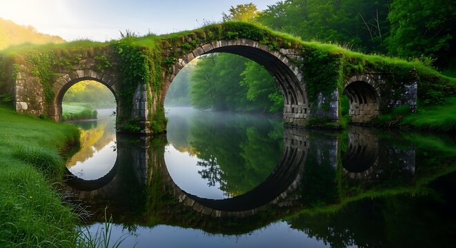Mystical Moss-Draped Stone Arch Bridge Reflected in Misty River at Golden Dawn.