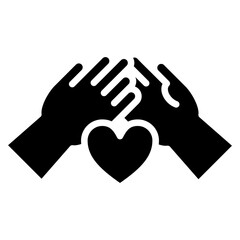Unite Glyph Icon – Solid Black Hands Holding Heart Representing Unity, Love, Friendship, and Human Connection