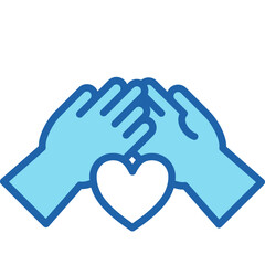 Unite Lineal Blue Icon – Blue Outline Hands with Heart Representing Support, Teamwork, and Togetherness in Community