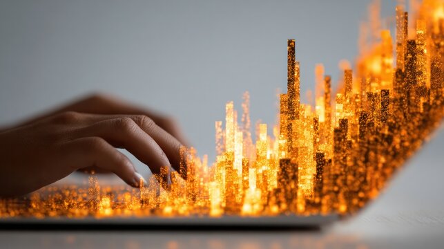 City of Innovation: A close-up shot of hands on a keyboard, seamlessly blending the digital realm with a vibrant cityscape, showcasing the power of technology to build a connected world.