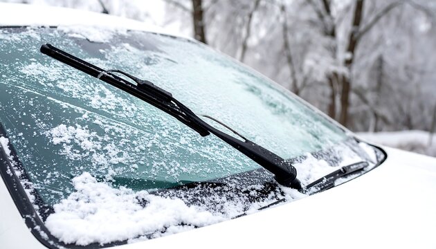 Close-up of a frosted windshield with wiper and wintery backdrop