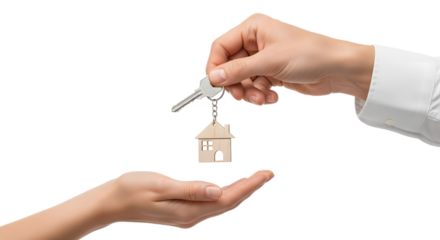 Real estate agent's hand giving house keys to a new homeowner. Isolated on transparent background, png