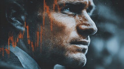 Economic Downturn: A portrait capturing the intensity of a person's emotions against the backdrop of an economic crisis, represented by a graph symbolizing market decline.