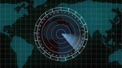Blue Radar Screen with World Map and Target Sweep Over Continents global technology. World map with blue radar and sweeping target highlighting global tracking and advanced technology. - Powered by Adobe