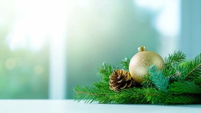 Festive Ornament Display: A gleaming gold ornament and a detailed pinecone sit amid fresh, green pine needles, creating a seasonal scene, celebrating the warmth and joy of the holiday season.