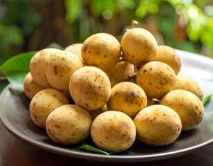 A pile of clustered spherical tropical fruits on a brown plate