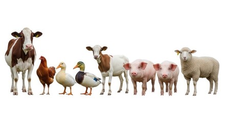 Obraz premium A group of farm animals including a cow, chicken, ducks, goat, pigs, and sheep standing together on a white background.