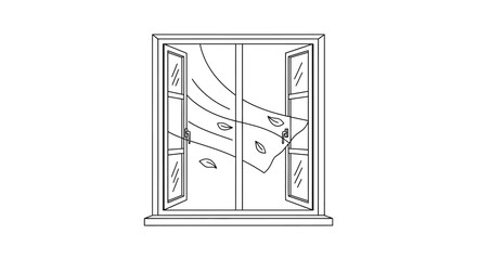 A simple line art silhouette of an open window with flowing curtains and decorative window panes