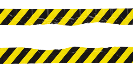 Two strips of wrinkled yellow and black striped caution tape for restricted areas. Isolated on transparent background, png�