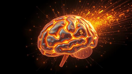 Fototapeta premium A glowing brain illustration with currency symbols and sparks, symbolizing financial ligence and innovative thinking for economic growth and success.