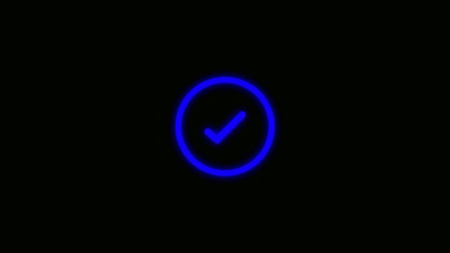 Glowing blue tick inside circle on dark in hd modern neon style for animation digital design or visual effects Blue Neon Check Mark Inside Circle On Black Background.