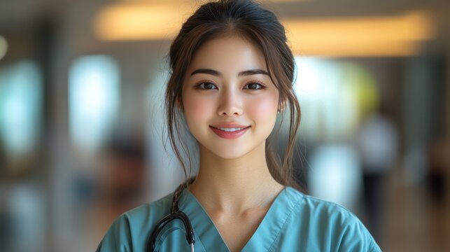 Smiling Nurse with stethoscope: A compassionate nurse, radiates warmth and empathy, embodying the essence of care and dedication in a modern healthcare environment.