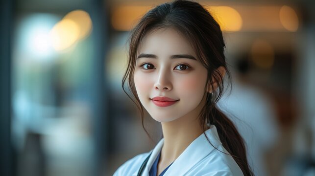 Empathetic gaze of a female medical professional : Captivating portrait of a healthcare professional radiating compassion and dedication in a hospital environment.