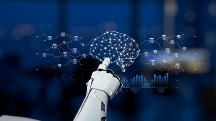 A robotic arm engages with a digital brain interface, showcasing advanced data connections and technology, symbolizing innovative advancements in artificial intelligence and automation. Synapse