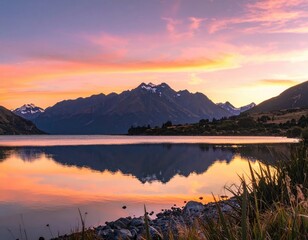 Fototapeta premium Mountain-lake sunset, pink-orange sky reflects on still water