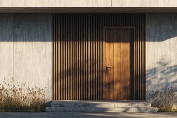 Wooden door on a modern building facade with concrete and vertical slats.