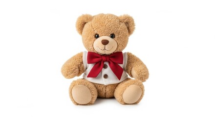 Obraz premium Charming teddy bear with a red bow tie sitting against a white background