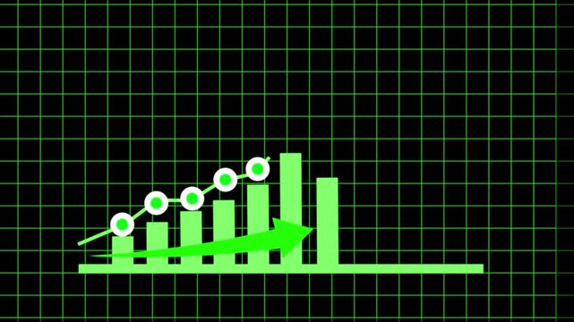 Green Bar Chart with Arrow and Circle on Black Grid Background graph data. Modern digital interface displaying green bar chart with arrow and circle over grid for graph data analysis.