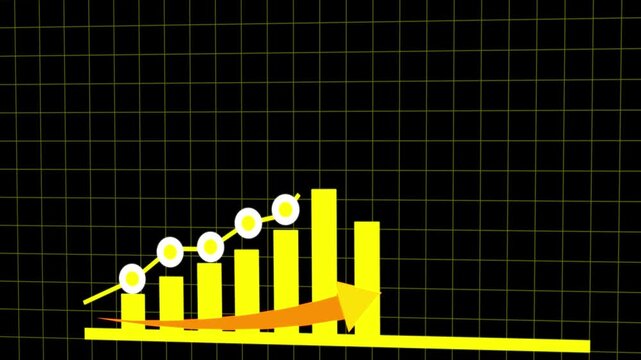 Abstract digital graph with yellow bars, directional arrow, and circle forming modern chart data interface. Yellow Bar Chart with Arrow and Circle on Black Grid Background graph data.