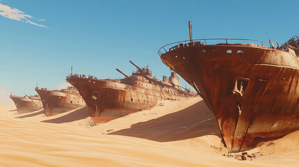 Deserted ships lined on sand under bright sky