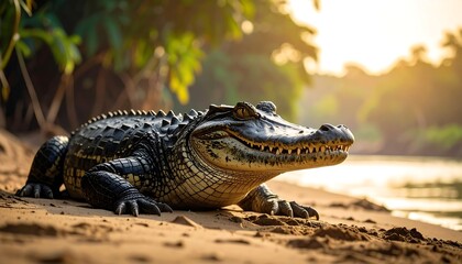 Fototapeta premium An alligator rests on a sandy bank near a river during the day