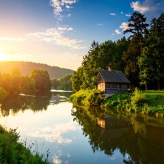 Obraz premium Scenic landscape featuring a river, cottage, and lush green trees