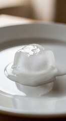Captivating melting ice cube on a pristine white plate in soft lighting