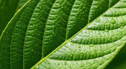 Exquisite details of a green leaf adorned with morning dew droplets