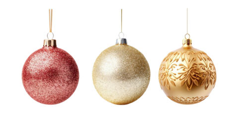 Christmas baubles set with red, gold, and glitter ornaments isolated on transparent background