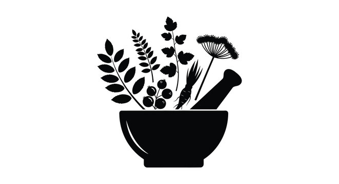 black herbs in mortar, herbal medicine clip art preview