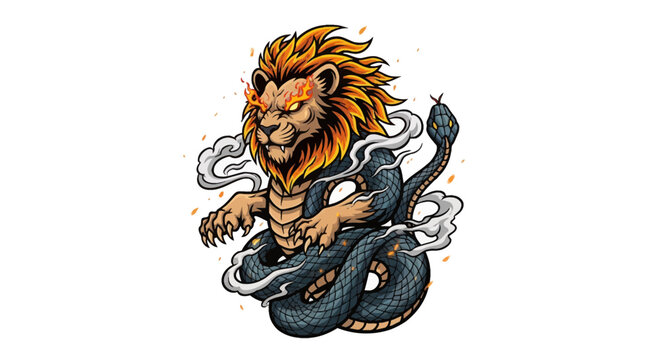 Dynamic lion intertwined with a powerful serpent, symbolizing strength, wisdom, and primal energy in a striking, illustrative design