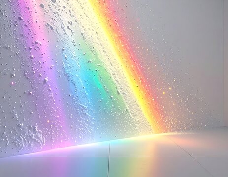 A vibrant, multicolored rainbow effect spills onto a white room