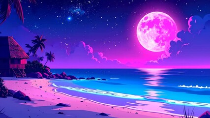 Vibrant Neon Moonlit Beach - A Dreamy Tropical Night Scene. - Powered by Adobe