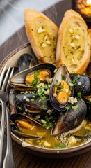 Bowl of Steaming Mussels with Garlic Bread in Broth, Culinary Delights