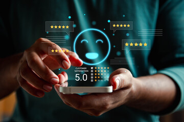 A person using a laptop to rate customer satisfaction with five-star feedback, showing online service quality, user experience, digital communication, and business review for marketing and improvement