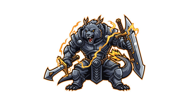 Fierce bear warrior in dark armor wielding powerful swords, radiating energy and ready for epic battle